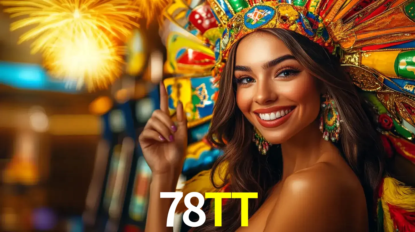 Mulher sorridente com um cocar de carnaval vibrante e colorido, celebrando uma grande vitória nos jogos do cassino 78TT com fogos de artifício ao fundo.