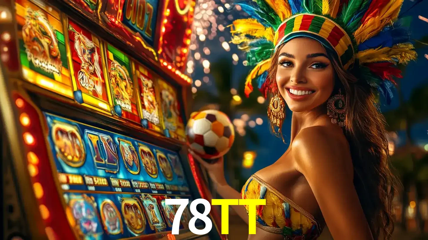 Mulher com um cocar de carnaval ao lado de uma máquina de caça-níqueis enquanto segura uma bola de futebol, mostrando a união da diversão de cassino e esportes no 78TT.