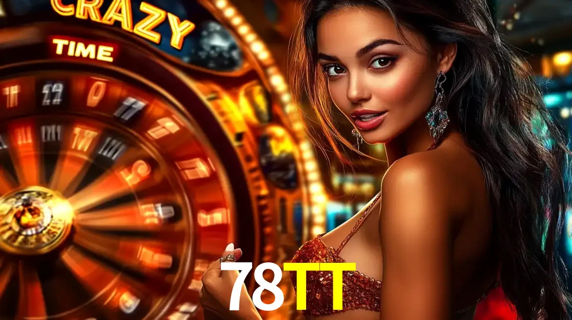 Mulher ao lado da roda de prêmios do jogo de cassino ao vivo Crazy Time, um dos shows de jogos mais emocionantes oferecidos pela plataforma de apostas 78TT.