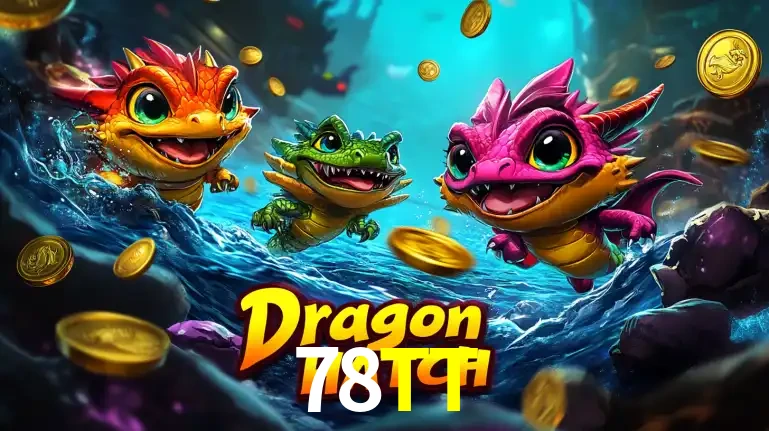 Arte promocional do jogo Dragon Hatch com três adoráveis dragões bebês nadando entre moedas de ouro, um dos slots mais divertidos para jogar no cassino 78TT.