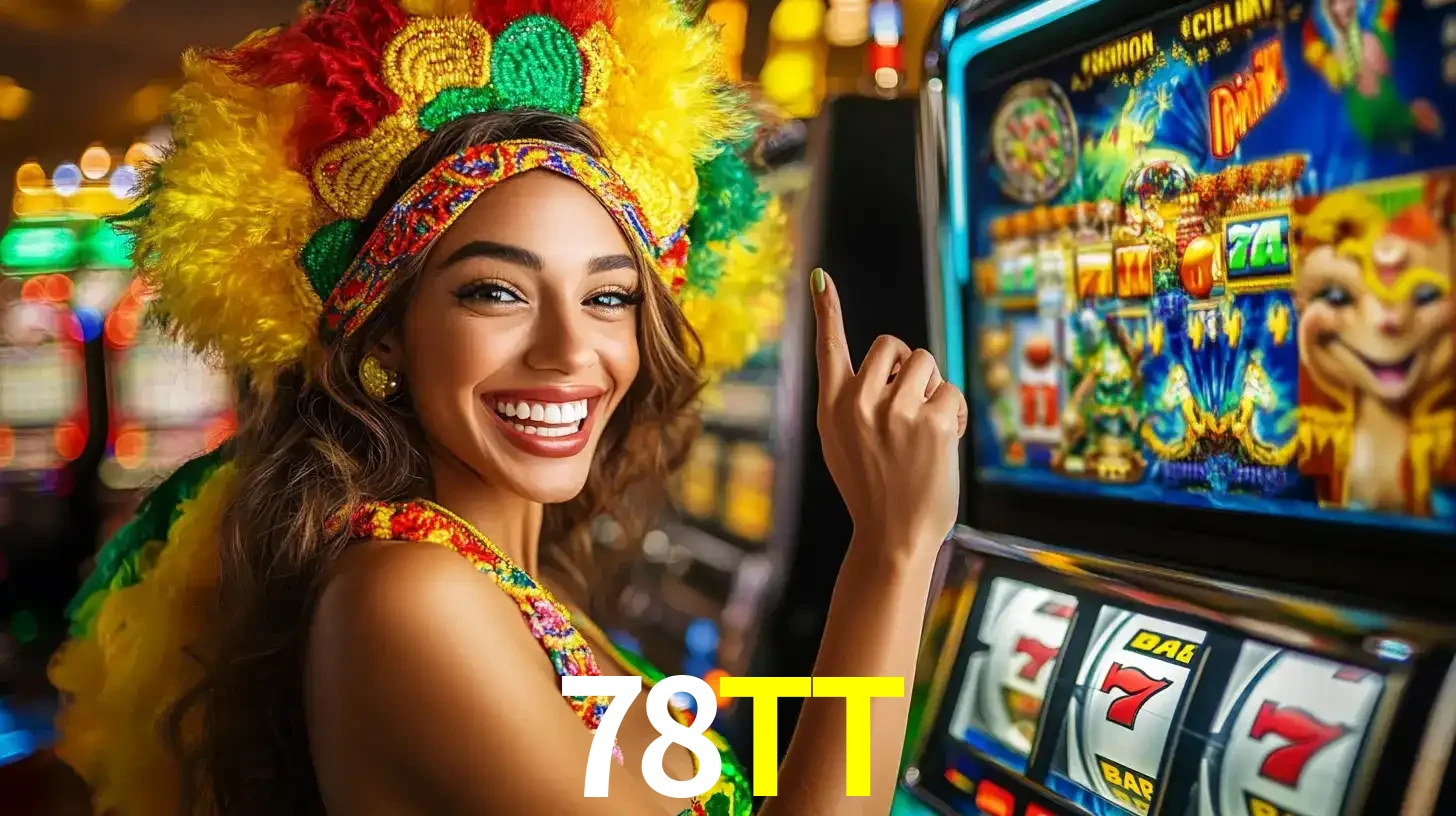 Mulher animada com um cocar de carnaval apontando para uma máquina de caça-níqueis, mostrando a emoção de ganhar um grande prêmio nos jogos do 78TT.