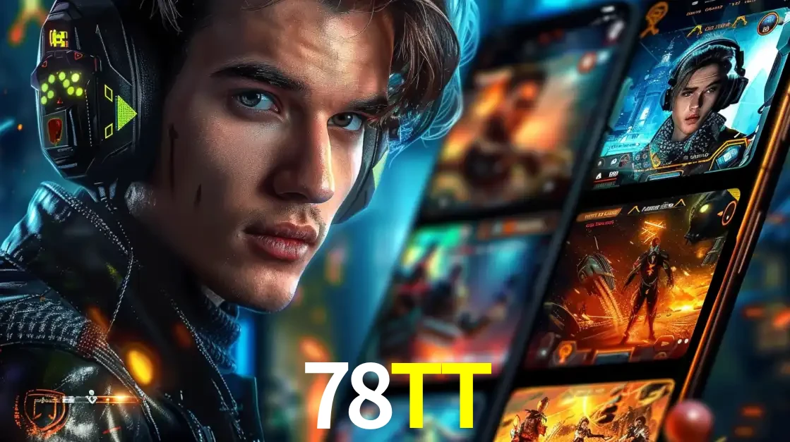 Jovem jogador com fones de ouvido olhando para a câmera, com um aplicativo de jogos e e-sports para celular ao fundo, pronto para a competição e apostas no 78TT.