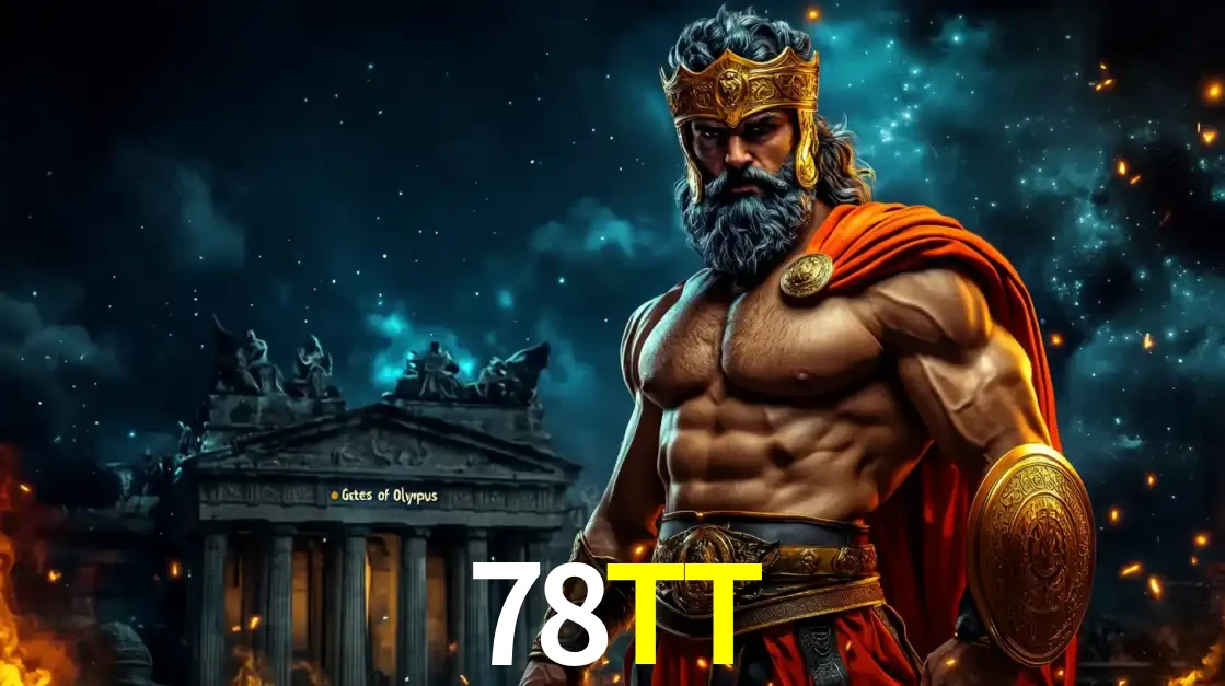 O poderoso Zeus do jogo de slot Gates of Olympus em frente ao seu templo, pronto para lançar multiplicadores divinos e prêmios épicos no cassino online 78TT.