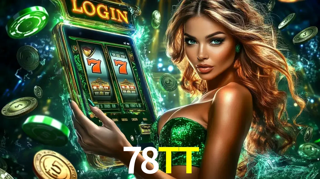 Mulher com tema verde apresentando o aplicativo do cassino 78TT com um jogo de slot de 777, cercada por fichas de cassino e uma aura de sorte.