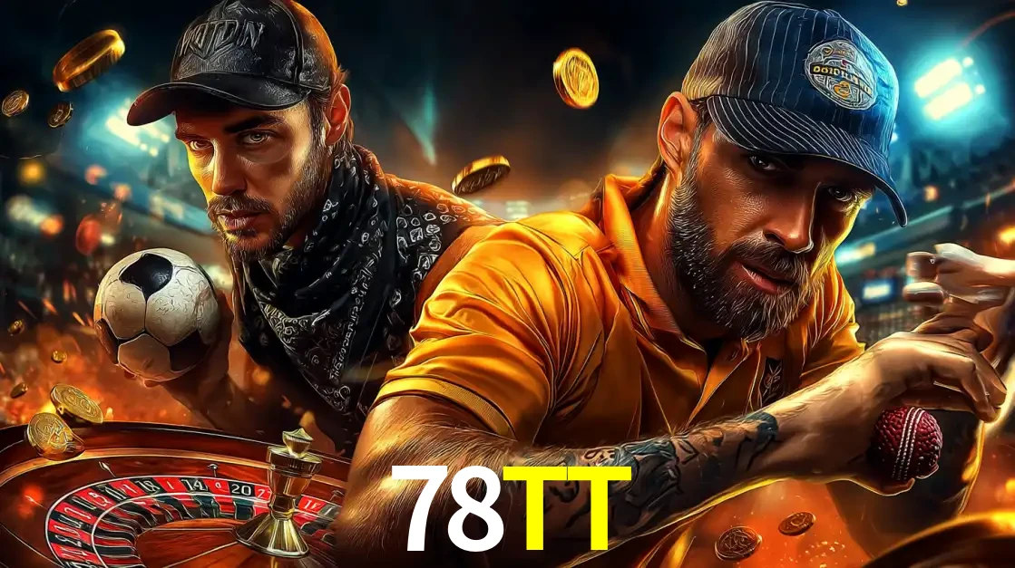 Montagem de apostas esportivas e cassino no 78TT, com um homem segurando uma bola de futebol e outro uma de beisebol sobre uma roleta e moedas voadoras.