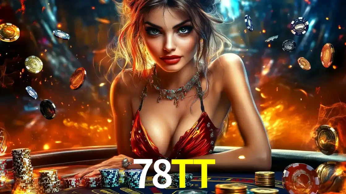 Mulher em uma mesa de cassino com pilhas de fichas e um fundo de fogo, pronta para uma rodada de altas apostas nos jogos de mesa emocionantes do cassino 78TT.