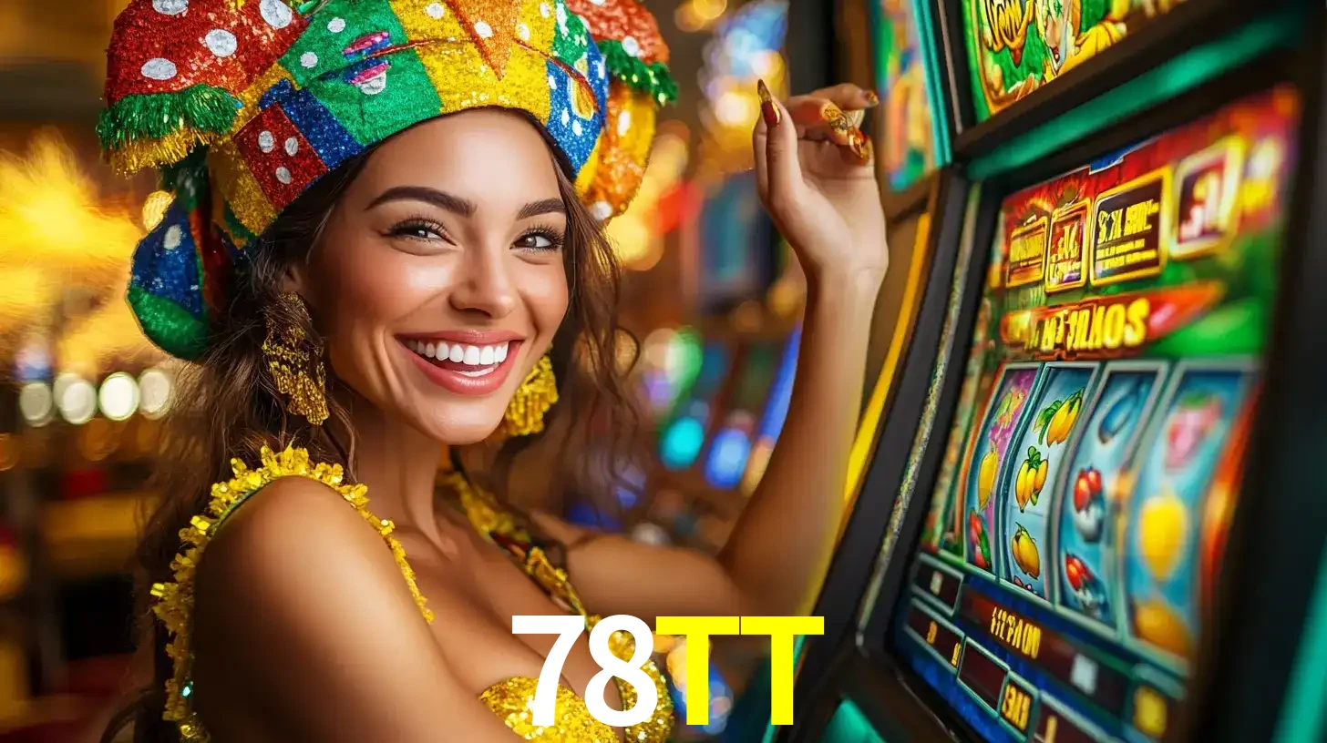Mulher feliz com traje de carnaval amarelo e colorido ao lado de uma máquina de caça-níqueis, aproveitando a diversão e os jogos temáticos do cassino 78TT.