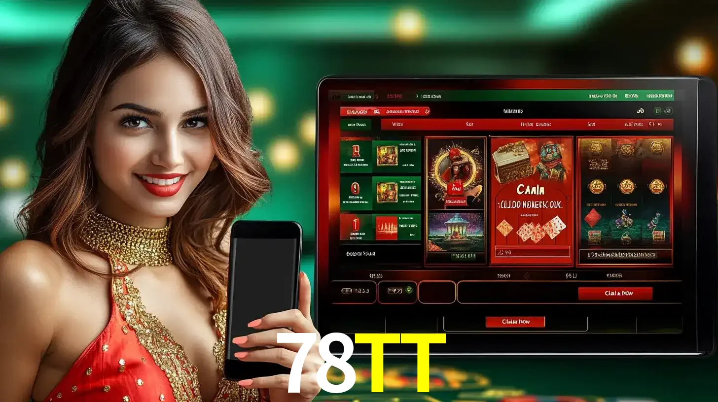 Mulher sorridente segurando um smartphone, ao lado de uma tela exibindo o lobby de jogos do cassino online 78TT, com várias opções de jogos de cartas e slots.